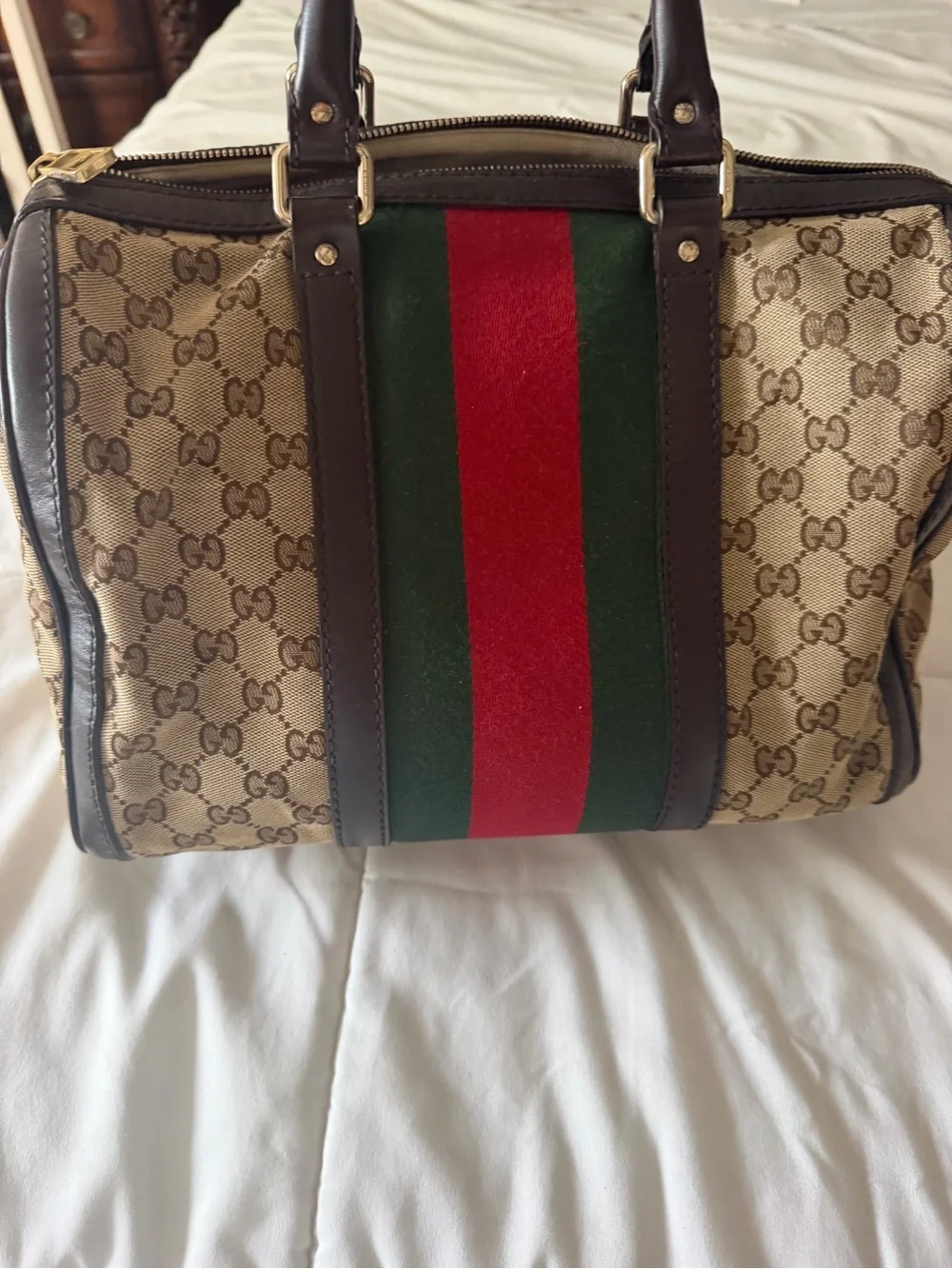 Gucci Beige GG Monogram Boston Bag with Red & Green Center Stripe